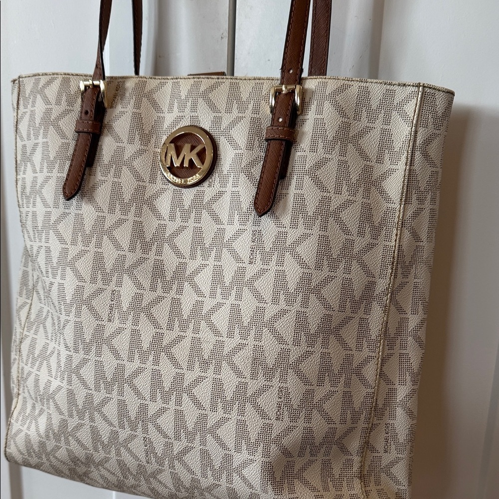 Michael Kors Cream and Brown Tote Bag coated leather gold purse handbag MK - Picture 3 of 11